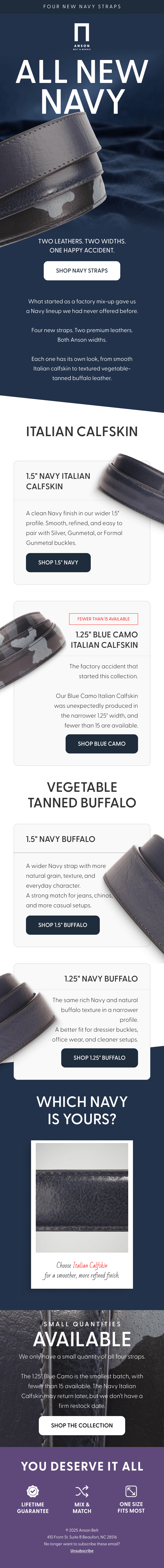 Anson Belt and Buckle All New Navy campaign email
